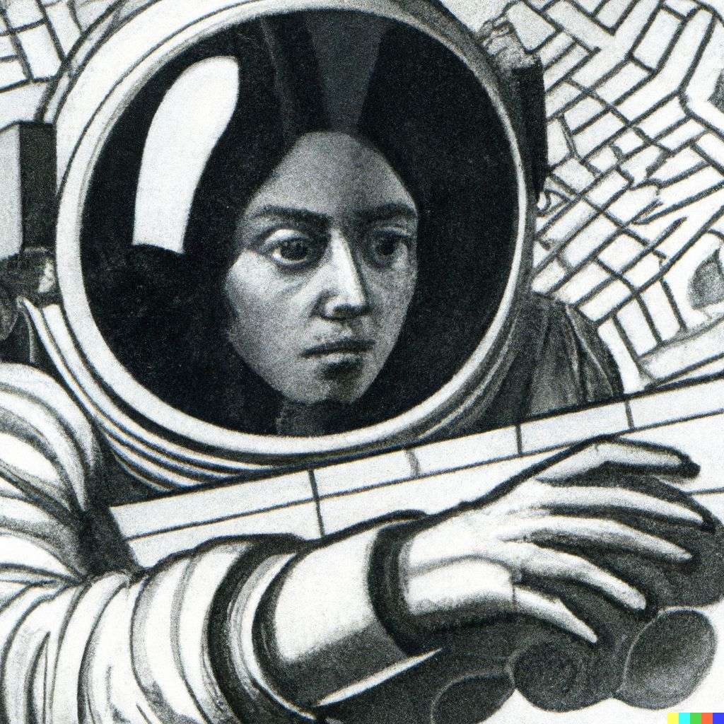 an astronaut, lithography by Escher